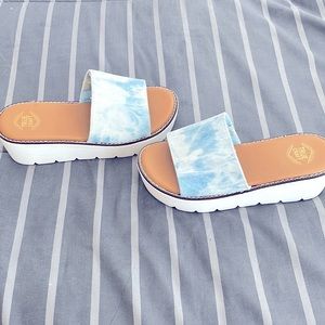 Blue denim low wedge sandal